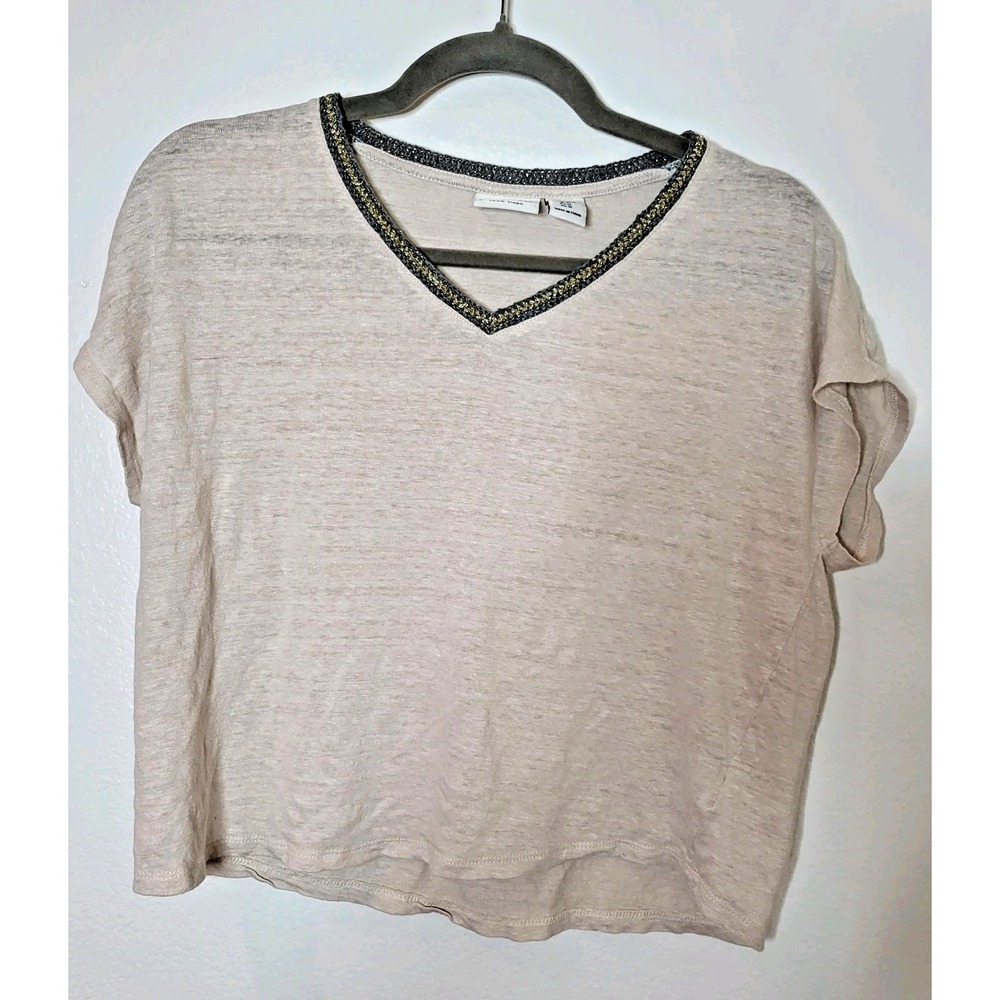 Rachel Zoe 100% Linen V-Neck Top Beige Metallic Trim Relaxed Fit Size M Coastal